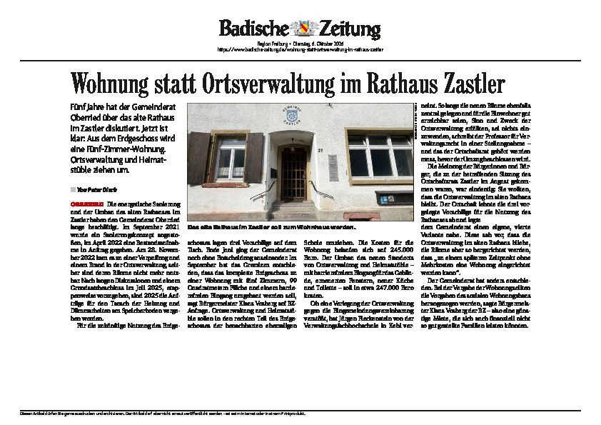 Arrtikel der Badischen Zeitung vom 06.10.2026